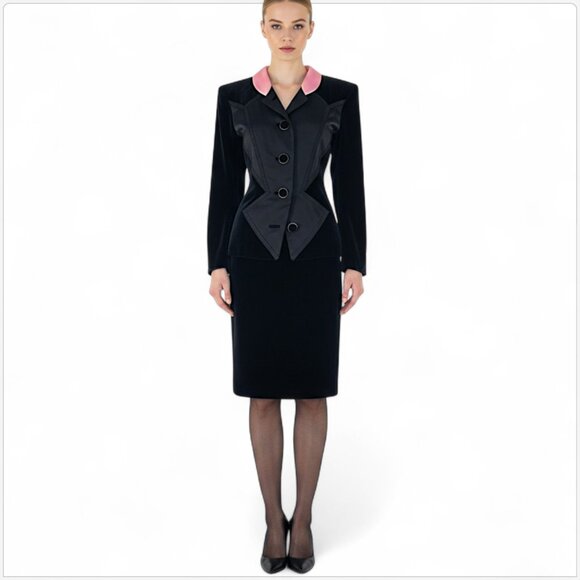 YSL Yves Saint Laurent Paris Vintage Black Velvet Pink Satin Trim Skirt Suit 42 - Picture 1 of 9
